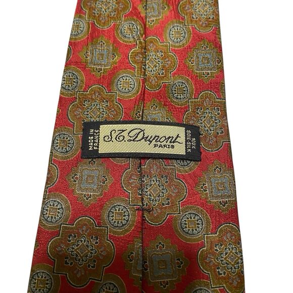 Vintage S.T. Dupont Paris Silk Tie Men Red Olive Green Made in France NWT - Picture 3 of 8